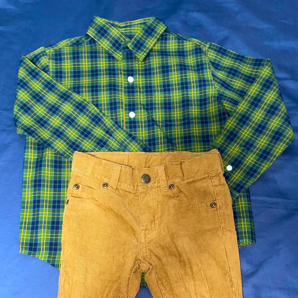 Janie and Jack Brown corduroy pants size 4 and plaid long sleeve button up size5